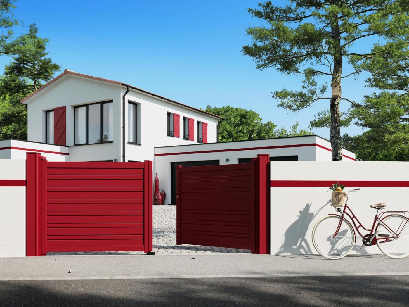 Portail aluminium contemporain rouge